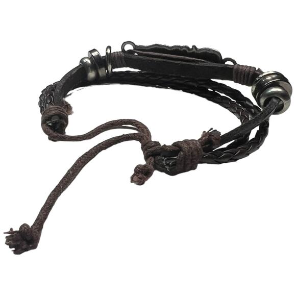 Brown Leather Braided Bracelet with Beads and Leaf Detail - Picture 3 of 7